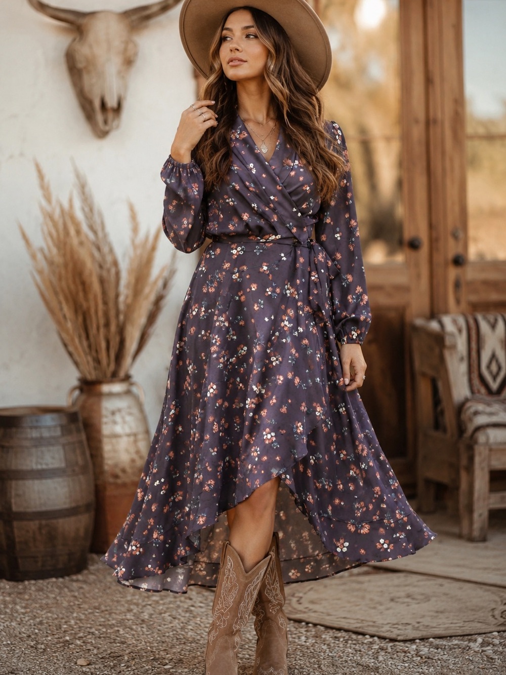 Floral Wrap Midi Dress in Plum